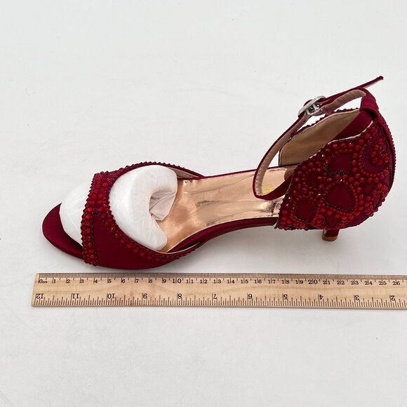 XYD Wine Chic Peep Toe D'Orsay Low Heel Rhinestone Stud Ankle Strap Sandals - Picture 2 of 8